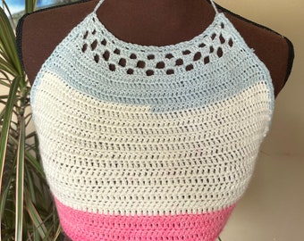 Crochet Halter Top Pink White Blue / Handmade