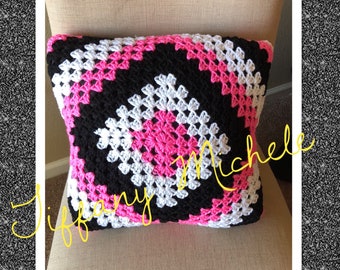 Handmade Black White Pink Square Pillow / Home Decor / 12x12