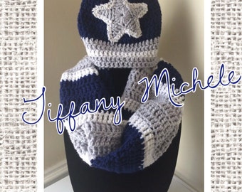 Dallas Cowboys Inspired Football Infinity Scarf and Beanie Adult Crochet Handmade