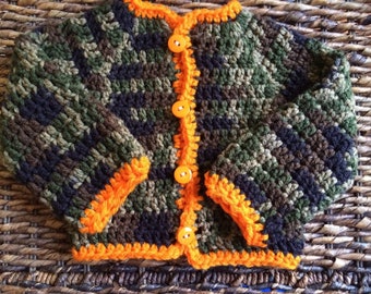 Crochet Army Fatigue Camouflage Newborn Jacket Sweater with Orange