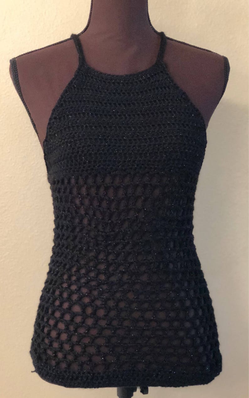 Black Sparkle Halter Top Beach Swim Suit Cover Up Crochet Handmade