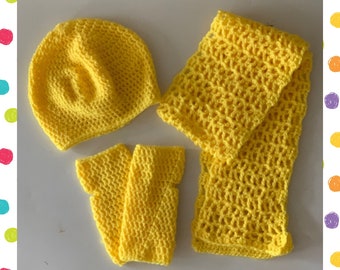 Crochet Beret Scarf Fingerless Mitts Set / Handmade