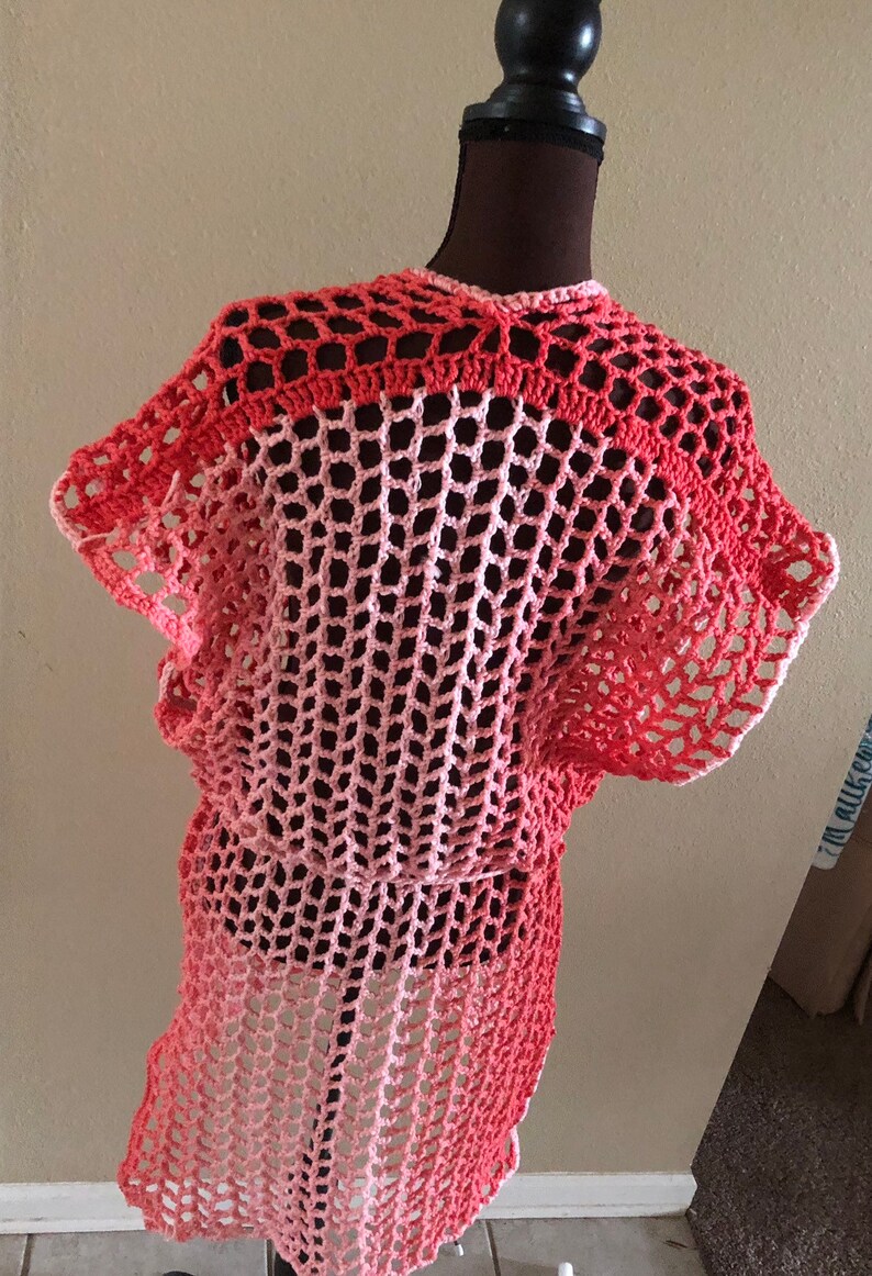 Peach Coral Net Tunic Top Beach Swim Pool Suit Cover Up Summer Crochet Handmade