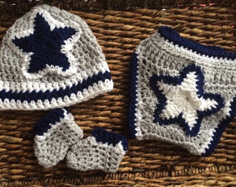 Crochet Dallas Football Baby Gift Set / Crochet Diaper Cover Crochet Helmet Crochet Beanie Crochet Booties