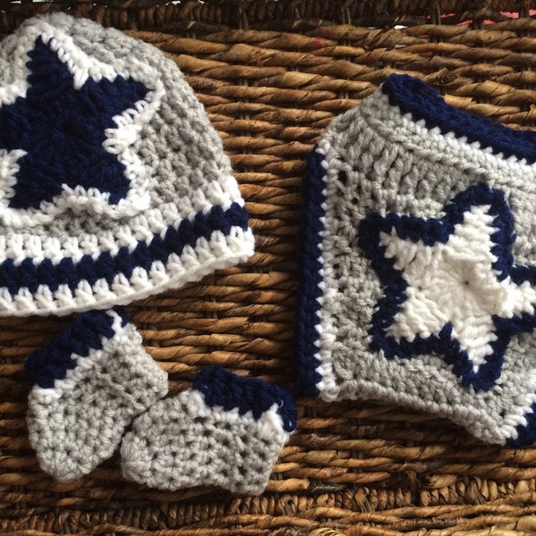 Crochet Dallas Football Baby Gift Set / Crochet Diaper Cover Crochet Helmet Crochet Beanie Crochet Booties