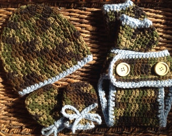 Baby Camouflage Army Fatigue Newborn Blue Crochet Gift Set