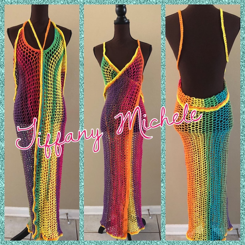 Crochet Wrap Cover Up Dress/ Long Swimsuit Bathing Suit Beach Pool / Handmade / Multicolor image 1