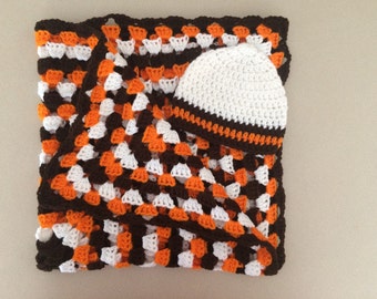 Crochet Cleveland Baby Football Blanket Afghan Throw Newborn Gift Set Handmade