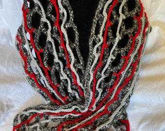 Silver Chunky Handmade Scarf / Gray & Red