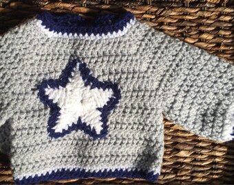 Dallas Cowboys Theme Football Crochet Jacket Sweater Star Handmade Gray Blue