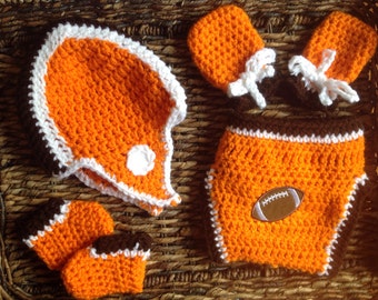 Baby Crochet Diaper Cover Set / Cleveland Football Gift Set / Crochet Helmet Booties