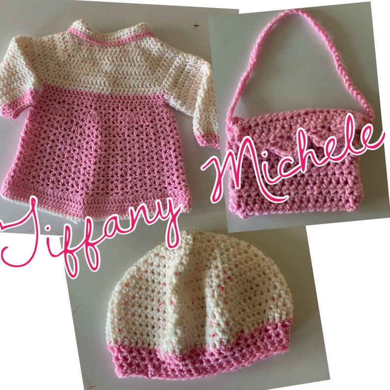 Pink Girls Dress Coat Set Beret Coat /& Purse Size 12 months Handmade Crochet