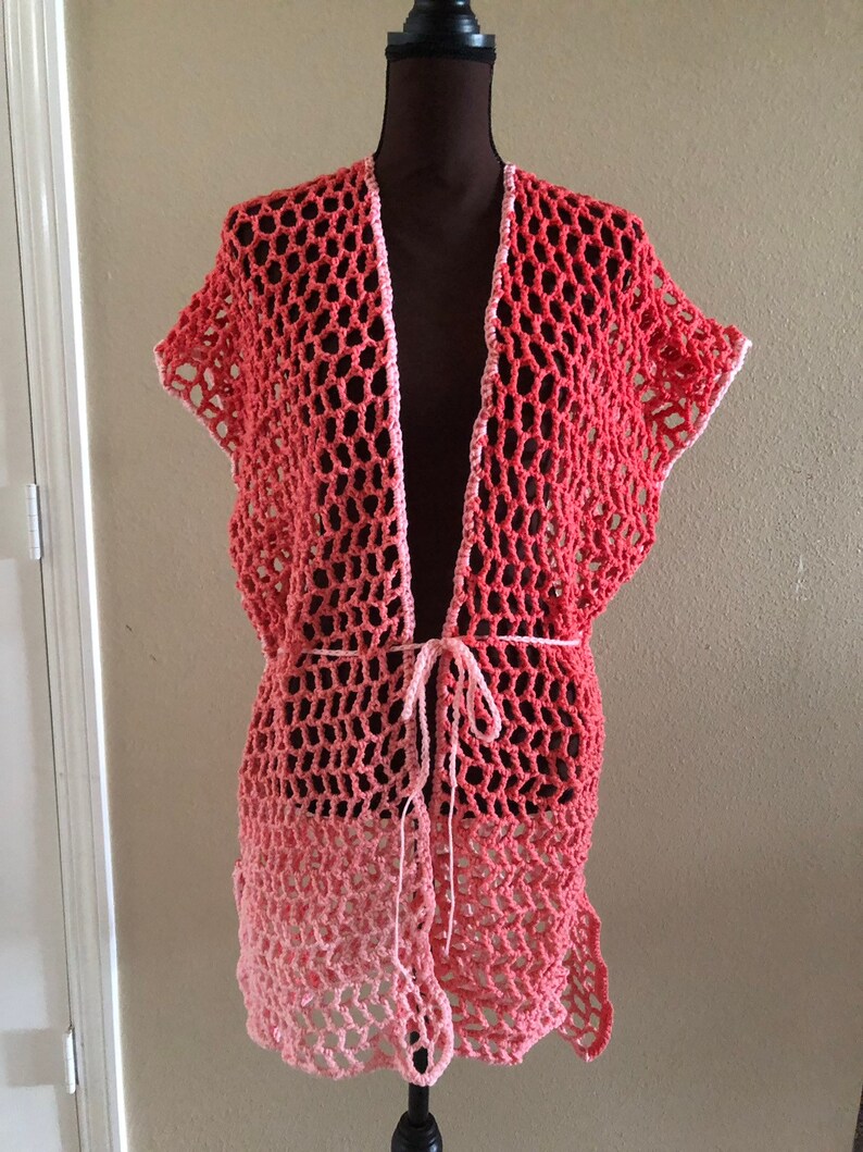 Peach Coral Net Tunic Top Beach Swim Pool Suit Cover Up  Summer  Crochet Handmade