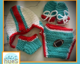 Crochet Baby Diaper Cover Set / Crochet Miami Theme Football Baby Helmet Hat Diaper Mitts Booties Mittens Cover Gift Set