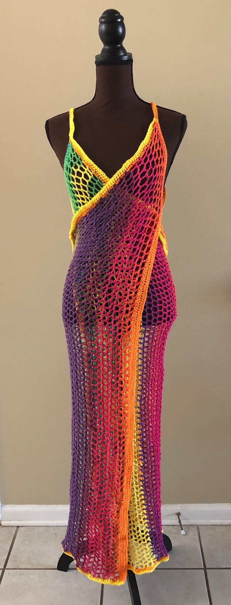 Crochet Wrap Cover Up Dress/ Long Swimsuit Bathing Suit Beach Pool / Handmade / Multicolor image 3