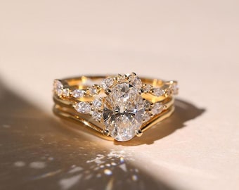 Oval Moissanite Bridal Ring Set, Three Ring Set, 18KT Yellow Gold Ring, Marquise & Round Wedding Band With Solitaire Band, Elegant Jewelry