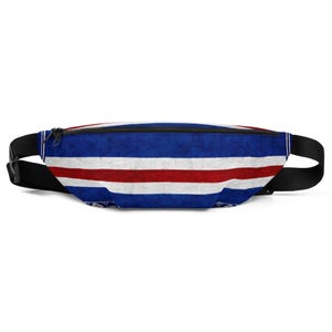 May include: A fanny pack with a blue, red, and white striped pattern. The bag has a black zipper and a black adjustable strap. The design resembles a flag.