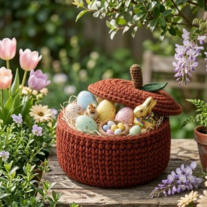 May include: A crocheted, rust-colored basket shaped like an apple, filled with decorated Easter eggs, a small chick, and a chocolate bunny. The basket sits on a wooden surface, surrounded by flowers and greenery.