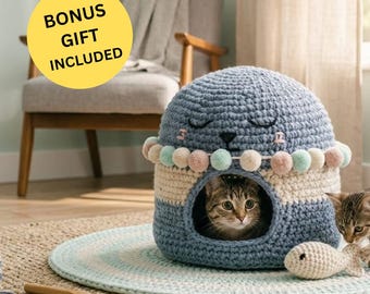 Crochet Cat House Pattern PDF, T-Shirt Yarn Cat Bed, Cozy Cave Hideaway (Digital Download)