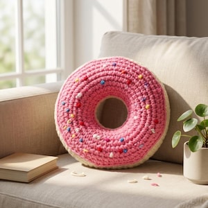 Könnte beinhalten: Ein rosa gehäkeltes Kissen in Donut-Form mit bunten Streuseln. Das Kissen hat eine cremefarbene Basis und ein Loch in der Mitte. Es liegt auf einem beigen Sofa neben einer kleinen Topfpflanze und einem Buch.