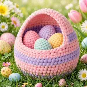 May include: A pastel-colored, crocheted Easter basket filled with colorful, crocheted eggs. The basket is pink, lavender, and light pink. The eggs are pink, purple, yellow, and mint green. The basket sits in a bed of green grass with flowers.