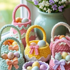 May include: A collection of colorful, crocheted Easter baskets filled with speckled eggs. The baskets are in shades of pink, yellow, blue, and purple, each adorned with a bow. A vase of white and purple flowers sits in the background.