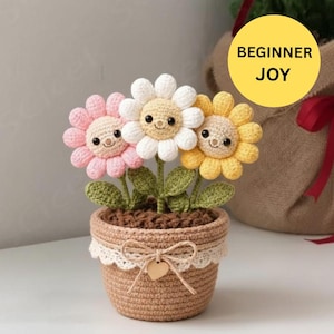Op de afbeelding: Een gehaakte bloempot met drie lachende bloemen in roze, wit en geel. De bruine pot heeft een kanten rand en een houten hartvormig label. De tekst "BEGINNER JOY" staat in een gele cirkel.