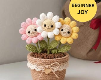 Crochet Flower Pot Pattern PDF, Mini Plant Crochet, Sunflower Tulip Daisy Home Decor