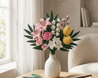 Crochet Flower Bouquet Pattern PDF, Lily of the Valley, Roses (Digital Download)