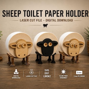 Toalettpappershållare med fårmotiv – Laserskuret filpaket | SVG DXF LightBurn | 3 mm plywood | 2× på A3-ark | Gör-det-själv badrumsinredning