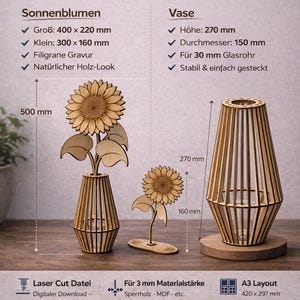 May include: Laser-cut wooden sunflower and vase set. The sunflower is 15.7 x 8.7 inches, and the vase is 10.6 inches tall with a 5.9-inch diameter. The set includes a small sunflower and a larger vase, both with a natural wood look.