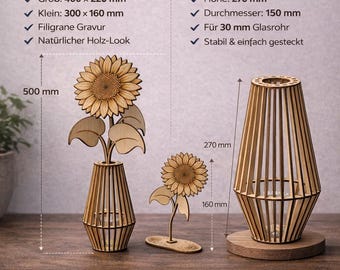 Laser Cut File Vase & Sunflowers | Wooden Decorative Flowers SVG DXF LightBurn | 3D Plug-in System 3 mm | A3 Layout | Digital Download
