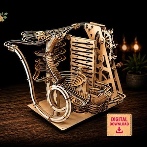 May include: A wooden marble run kit with a complex design. The kit features a series of tracks, spirals, and a lift mechanism. The image includes a "DIGITAL DOWNLOAD" icon.