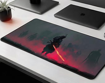 Neon Samurai Desk Mat | Black and Red Keyboard Mat, Home Office Decor & Gaming Mousepad Gift, Minimal Design Desk Pad