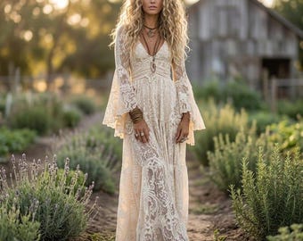 Vestido largo de encaje color marfil: vestido bohemio de manga larga con escote en V.