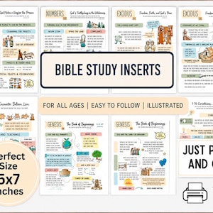 Puede incluir: Una colección de insertos de estudio bíblico ilustrados con texto para Levítico, Números, Éxodo, Juan, Génesis y Corintios. Las páginas incluyen gráficos coloridos, diagramas y encabezados. Una etiqueta circular indica el tamaño 5x7 inches.