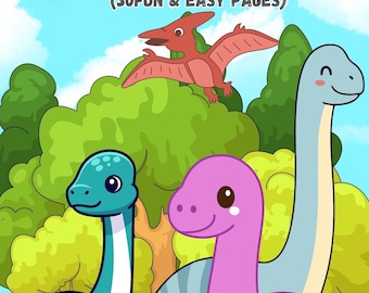 Lindo libro para colorear de dinosaurios para niños, 30 páginas fáciles y divertidas para colorear, libro de actividades para niños pequeños, descarga digital en PDF.