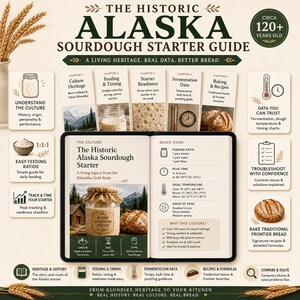 Puede incluir: Una guía completa titulada The Historic Alaska Sourdough Starter Guide, con capítulos sobre cultura, alimentación, fermentación y horneado. El libro abierto muestra una guía rápida con proporciones de alimentación, tiempos y tablas de temperatura.