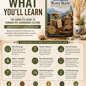 May include: A book titled Bavarian Black Death Rye Sourdough Guide 1633 featuring a jar of sourdough starter and a loaf of rye bread on the cover. The page includes text detailing chapters on heritage, starter mastery, science, and baking techniques.