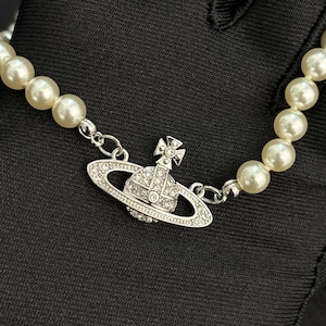 Pre-owned Vivienne Westwood Mini Bas Relief Pearl Choker, Sliver Saturn Orb Necklace, Nana Anime Necklace, Mother's Day Gift
