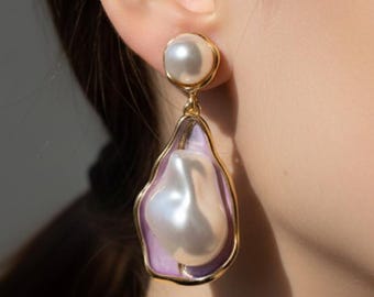 Baroque Pearl Dangle Earrings, 18k Gold over 925 Silver, Molten Metal Statement Hoops, Unique Handcrafted Gift for Her, Victorian Aesthetic