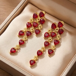 Pendientes vintage de borla con forma de corazón de rubí, plata 925 bañada en oro de 18 quilates, colgante de araña de cristal rojo, joyería romántica victoriana, regalo para el Día de la Madre.