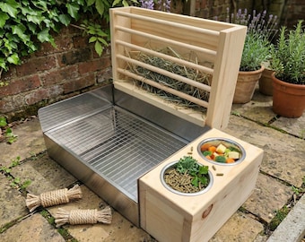Rabbit Litter Box with Hay Feeder, Stainless Steel Bunny Food Bowl Stand, Cage Organizer