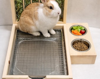 3 in 1 Rabbit Litter Box with Hay Feeder, Stainless Steel Bunny Potty