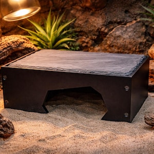 May include: A black reptile hide with a slate top, featuring a cut-out entrance. The hide is surrounded by sand, rocks, and greenery, creating a naturalistic terrarium environment. A warm light illuminates the scene.