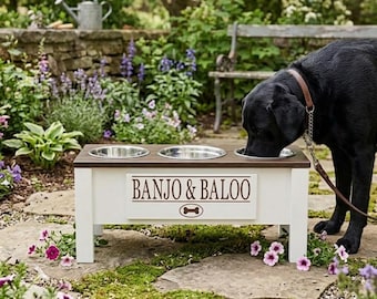 Personalized Elevated Dog Feeder 3 Bowl Raised Feeding Station with Storage Wooden Stand