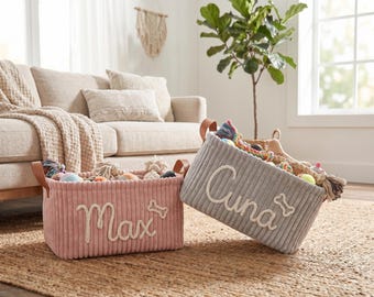 Personalized Basket for Pet Toys, Cat Toy Box, Dog Toy Bin, Custom Corduroy Storage, New Puppy Gift, Cat Lover Gifts