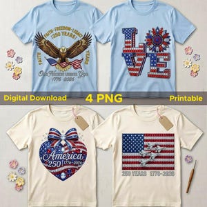Peut inclure: Quatre t-shirts à manches courtes avec des motifs patriotiques. Deux t-shirts bleu clair présentent un pygargue à tête blanche avec un drapeau américain et le mot LOVE avec une fleur. Deux t-shirts crème montrent un nœud en cœur et un drapeau.