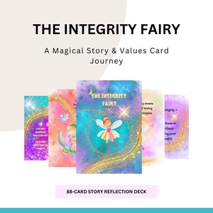 Può includere: Mazzo di carte 'The Integrity Fairy' a tema magico. Le carte presentano illustrazioni di una fata, una teiera e testo. Il mazzo è descritto come un mazzo di riflessione di storie di 88 carte.