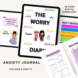 May include: Digital anxiety journal for kids and adults. The cover features the title "The Worry Diary" with illustrations and the text "96-page digital download." Additional text includes "Anxiety Journal" and "For Kids & Adults."